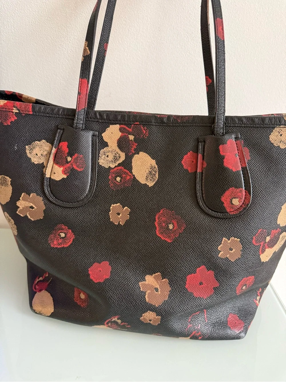 Coach Black Floral Tote with Red and Tan Bloom Print